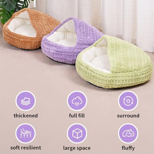 Plush Cat Bed Hooded Semi Enclosed Shell Shaped Pet Nest Cozy Warming Anti-Slip Small Dog Bed for Puppy and Kitten (Green, Large) - color: Green, size: Large