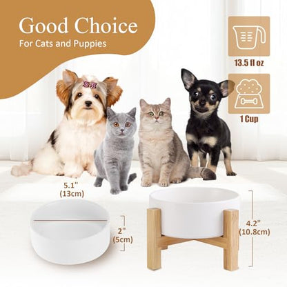 Elevated Ceramic Cat Bowl - Cat Food Bowl with Bamboo Stand - Raised Dog Dish for Puppies - Anti Vomiting, Stress Free - 13.5 oz / 400 ml - White - color: White, size: Small