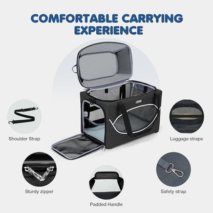 Lekereise Top-Expandable Pet Carrier 17x11x9.5 Inch Alaska Hawaiian Airline Approved Underseat to 12lbs Stable Car Travel Carriers for Small Dogs Cats with Locking Safety Zippers Anti-Scratch Mesh - color: Black, size: 17"x11"x9.5"