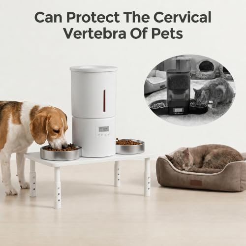 Raised Automatic Cat Feeder Stand for Double Bowl Feeders, Carbon Steel 14.57 x 9.25 in, 3 Adjustable Heights 4.13-5.71 in, Non-Slip, Fits Feeders & Water Dispensers, No-Drill (White) - color: White
