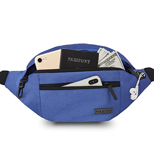MAXTOP Large Crossbody Fanny Pack with 4-Zipper Pockets,Gifts for Enjoy Sports Festival Workout Traveling Running Casual Hands-Free Wallets Waist Pack Phone Bag Carrying All Phones - color: Blue, size: Large, style: Large Fanny Pack(4 Zipper Pockets)