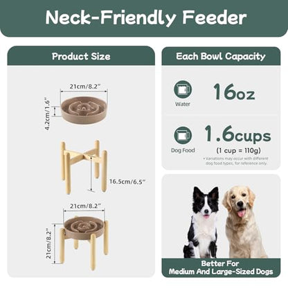 Havniva 8.2” Raised Slow Feeder Dog Bowls, 1.6 Cups Ceramic Dog Bowl Slow Feeding for Medium Breed, Elevated Puzzle Dog Food Bowl with Wooden Stand Non-Slip Anti-Gulping & Anti-Choking - color: 1 x Brown Coffee+Stand-A, size: 8.2inch