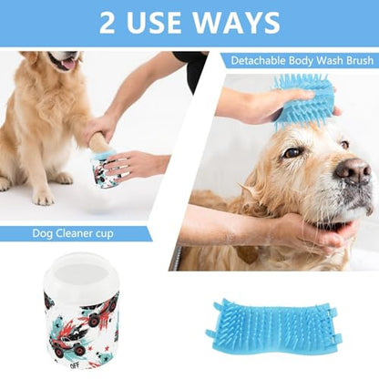 Monster Truck White Print Dog Paw Cleaner Cup with Soft Silicone Brush, Portable Lightweight Small Muddy Paw Washer for Dogs, Easy to Use Pet Foot Cleaner