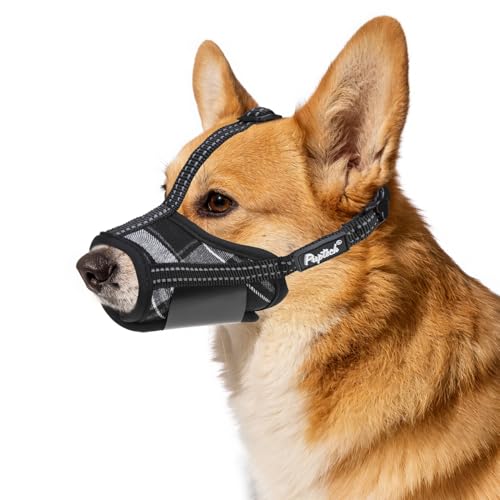 PUPTECK Dog Muzzle, Soft Adjustable Loop Reflective Pets Muzzle Prevent Biting Barking Chewing, Breathable Muzzle with Air Mesh Dog Mouth Guard Drinkable for Large Medium Small Sized, Black Plaid, M - color: Black, size: M (Snout Cir: 5.5"-7.87")