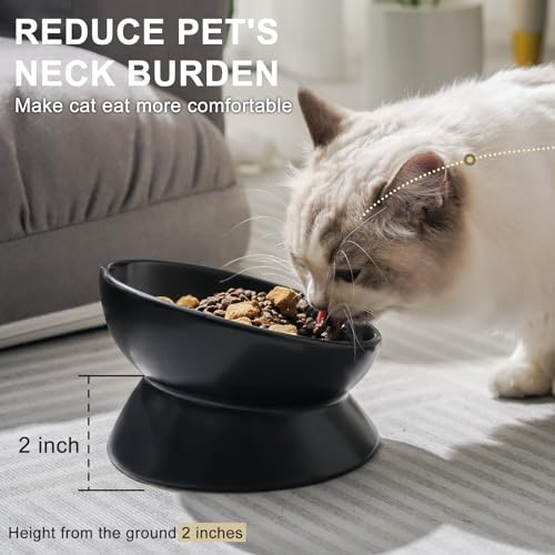 YauYik Ceramic Raised Cat Bowl - Cat Food Bowl Elevated Tilted for Short Leg Cats and Small Dogs - 6 Inches Whisker Friendly Pet Bowl Dish, Reduce Neck Burden Feeding Bowl, Black, 10 Oz