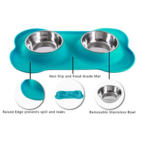 Hubulk Pet Dog Bowls 2 Stainless Steel Dog Bowl with No Spill Non-Skid Silicone Mat + Pet Food Scoop Water and Food Feeder Bowls for Feeding Small Medium Large Dogs Cats Puppies (Small, Green) - color: Green, size: Small