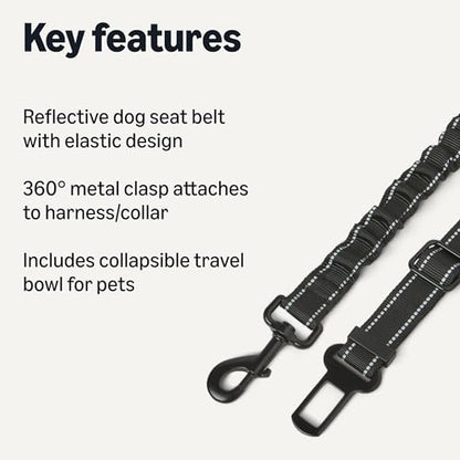 Amazon Basics Dog seat Belt, Adjustable Dog Car Harness, Adjustable Length 26"-39", Includes Collapsible Travel Bowl, Black - size: freesize