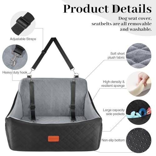 Wooaidagg Dog Car Seat for Medium & Large Dogs Up to 55lbs, Memory Foam Cushion, Washable Cover, Safety Straps & Non-Slip Base(Black/Grey,Large) - color: Black/Grey
