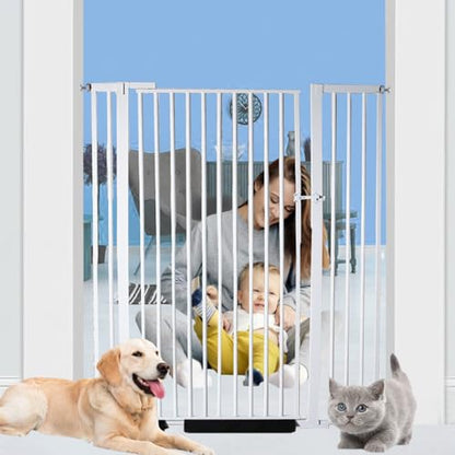 55.1 Inch Extra Tall Pet Gate, 29.92"- 43" Adjustable Dog Gates | Pressure Mounted, Walk Through, Cat Gate, No Drilling, Narrow Slat, Heavy-duty Steel, For Doorways, Stairs, Hallway, Kitchen - color: White