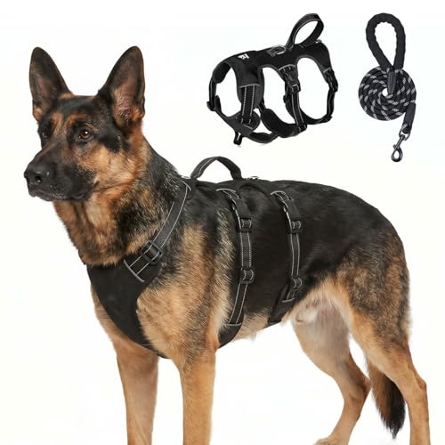 Escape Proof Dog Harness and Leash Set,Soft Padded Full Body Pet Harness, No Pull Reflective Adjustable Dog Vest with Handle, Easy Control Dog Harness for Medium Large Dogs Training Walking Running - color: Black, size: XL