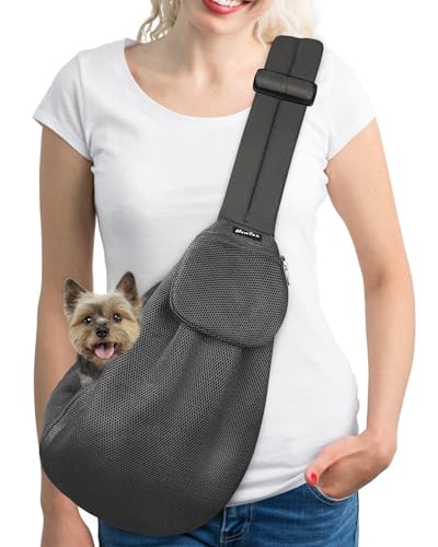 SlowTon Dog Carrier Sling - Thick Padded Shoulder Strap Adjustable Dog Carriers for Small Dogs, Puppy Carrier Purse for Pet Cat with Front Zipper Pocket Safety Belt Machine Washable (Grey Mesh M) - color: B-Dark Grey Breathable Fabric