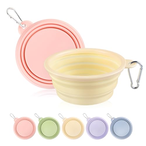 Collapsible Dog Bowls 2-Pack, Portable Travel Dog Bowl with Carabiner, Food-Grade Silicone Pet Bowl for Hiking, Walking (Macaron Pink and Yellow) - color: 12 OZ Macaron Pink and Yellow