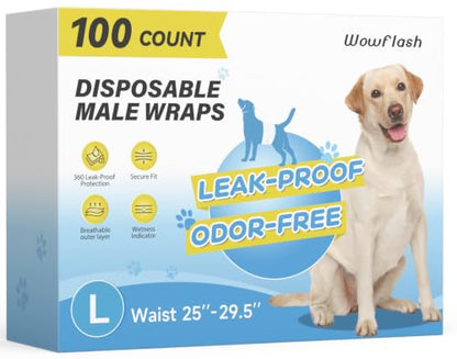 Wowflash 100 Count Male Dog Diapers Disposable, Leakproof Dog Wraps with Wetness Indicator, Breathable Quick-Dry, Secure Fit Doggy Belly Bands for Incontinence, Marking & House Training, Large - size: Large