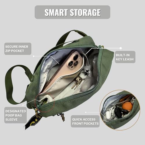 Dog Walking Bag, Treat Pouch & Poop Bag Holder, Crossbody Bag, Olive Green | Crossbody dog walking bag, hands-free. PEVA-lined treat pouch, poop bag holder, leash hook. Water-resistant, 4-50 in. strap - color: Olive Green