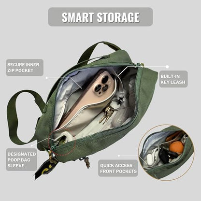 Dog Walking Bag, Treat Pouch & Poop Bag Holder, Crossbody Bag, Olive Green | Crossbody dog walking bag, hands-free. PEVA-lined treat pouch, poop bag holder, leash hook. Water-resistant, 4-50 in. strap - color: Olive Green