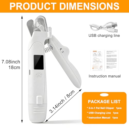 Dog Nail Clippers and Grinder with LED Light, 2-in-1 Professional Electric Pet Nail Trimmer, Quiet & Rechargeable Paws Grooming Tool for Small, Medium, Large Dogs & Cats