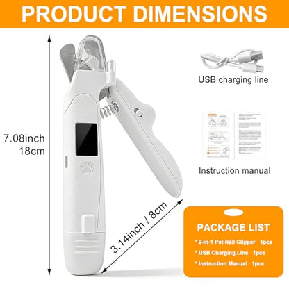 Dog Nail Clippers and Grinder with LED Light, 2-in-1 Professional Electric Pet Nail Trimmer, Quiet & Rechargeable Paws Grooming Tool for Small, Medium, Large Dogs & Cats