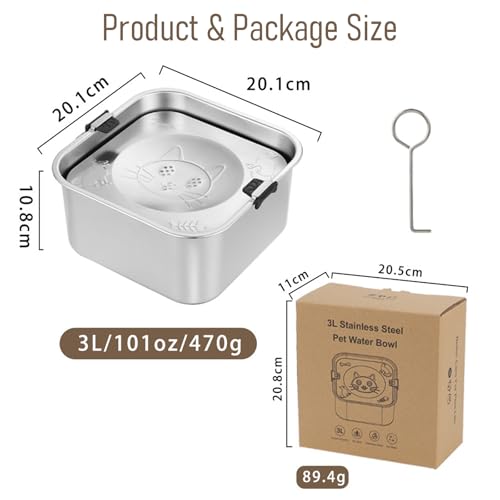 3L/101oz Large Capacity Dog Water Bowl Stainless Steel No Spill Dog Bowls Slow Drinking Dog Water Feeder Dispenser
