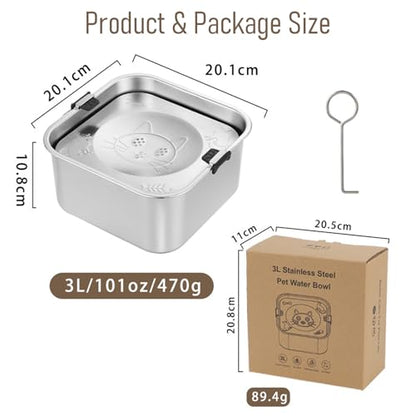 3L/101oz Large Capacity Dog Water Bowl Stainless Steel No Spill Dog Bowls Slow Drinking Dog Water Feeder Dispenser