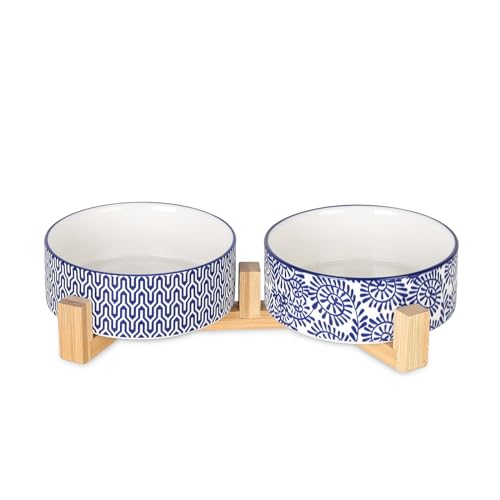 Selamica Ceramic 14 OZ Dog Bowls, Dog Food and Water Bowls with Wooden Stand, Anti-Slip Dog Dishes Set for Cats & Small Dogs, Weighted Pet Bowls Set of 2, Vintage Blue B - color: Vintage Blue B, size: 14 oz