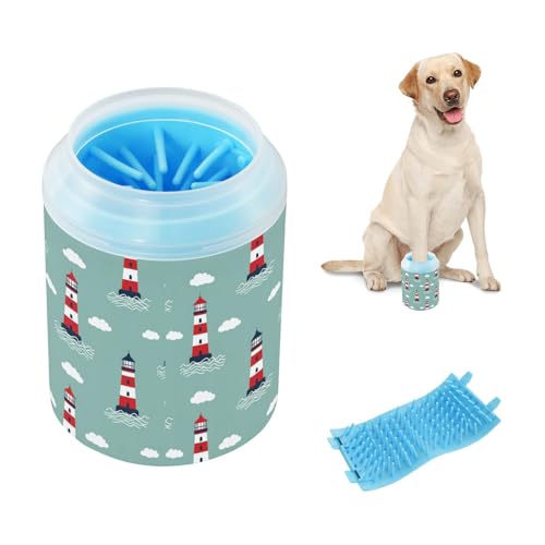 Lighthouse Cloud Teal Print Dog Paw Cleaner Cup with Soft Silicone Brush, Small Lightweight Portable Muddy Paw Washer for Dogs, Easy to Use Pet Foot Cleaner