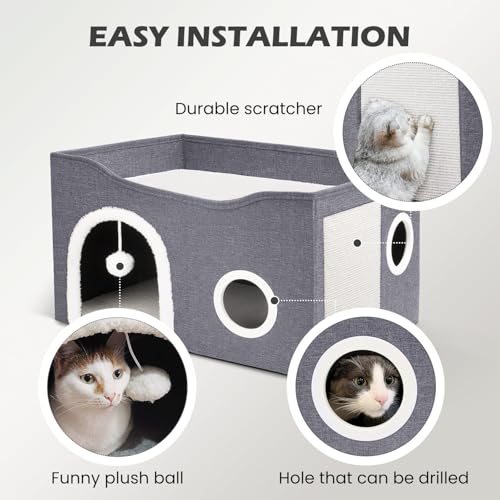 Heeyoo Cat House for Indoor Cats - Large Cat Bed Cave with Fluffy Ball and Scratch Pad, Foldable Cats Houses & Condos, Cat Hideaway, Covered Kitty Bed for Multi Small Large Kitty, 23.8x15.9x13.2 Inch - style: Without heat pad