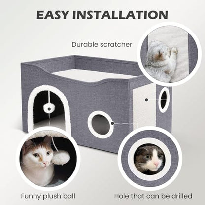 Heeyoo Cat House for Indoor Cats - Large Cat Bed Cave with Fluffy Ball and Scratch Pad, Foldable Cats Houses & Condos, Cat Hideaway, Covered Kitty Bed for Multi Small Large Kitty, 23.8x15.9x13.2 Inch - style: Without heat pad