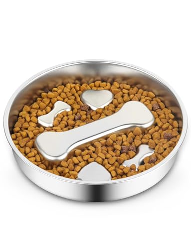 Slow Feeder Dog Bowls，8.2-inch Diameter Dog Slow Feeder Bowl，304 Stainless Steel Heavy Duty with Non-Slip Rubber Base，2Cups Capacity for Medium & Large Dogs to Slow Down Eating