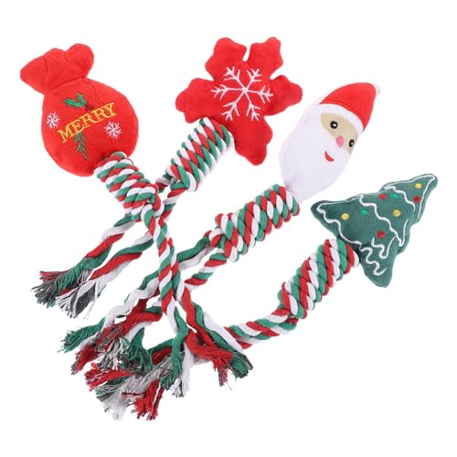 Kichvoe Christmas Dog Chew 4pcs Set Plush Teething Puppy with Knotted Rope for Dental Cleaning and Training, Portable Interactive Household Dog for Puppies