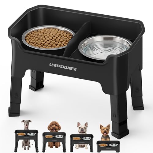 URPOWER Mess Proof Elevated Dog Bowls, High Wall Splash Guard Design, 4 Height Adjustable Raised Bowl Stand, 2 Stainless Steel Bowls, Non-Slip Food Water Set for Small Dogs - color: Black, size: Small