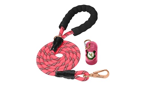 Homapet. Braided Rope Dog Leash 6 Ft with Comfortable Padded Handle Reflective Threads with Poop Bag Dispenser for Large Dogs (Pink/Black 1/2") - color: Pink/Black