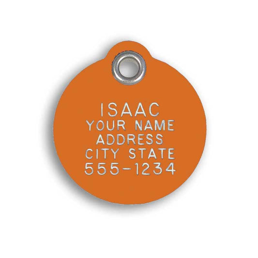 LuckyPet Pet ID Tag - Medium Round Orange Plastic Tag - Durable, Easy to Read, Custom Engraved for Dogs & Cats. Reflective Coating on Back. - color: Orange (Plastic), size: Medium (1" diameter)