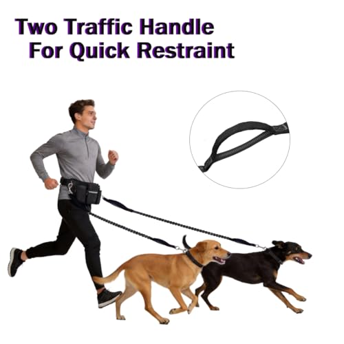 Hands Free Dog Leash for 2 Dogs, Adjustable Waist Belt, Reflective Stitching Leash with Double Padded Handles for Running, Hiking - color: Black
