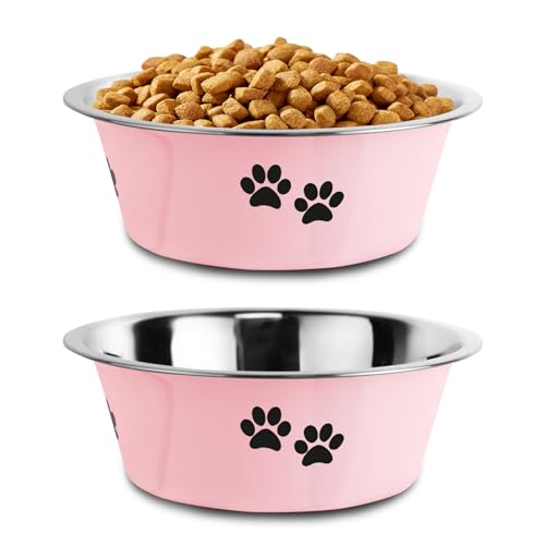 Stainless Steel Dog Bowls, Nonslip Rubber Bottom No Spill Proof Skid Metal Insulated Dog Bowls for Large Medium Small Breed Dogs (Pink, 8.5 Cups/71 OZ) - color: Pink, size: 8.5 Cups/71 OZ