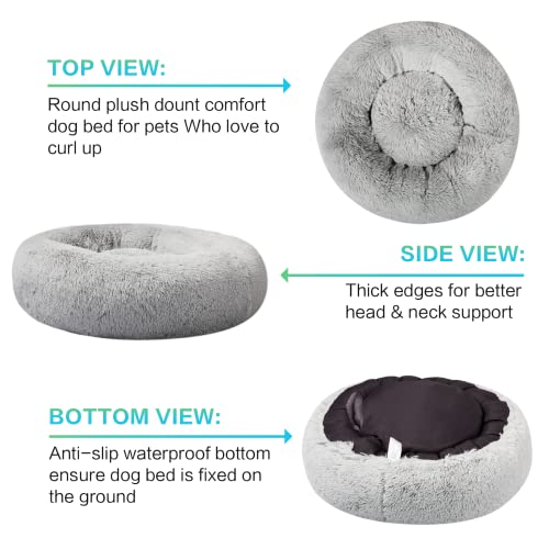 SAVFOX 36 inches Calming Donut Dog Bed - 3X Durable Plush Faux Fur, Machine Washable & Non-Slip, Fits up to 100 lbs, Light Grey - color: Light Grey, size: Large | 36"x36"