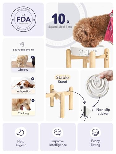 LE TAUCI PET Ceramic Elevated Slow Feeder Dog Bowl - 0.6 Cup Puzzle Feeder with Wooden Stand for Small Breeds, White Pet Dish - color: White+Stand, size: S-0.6 Cups