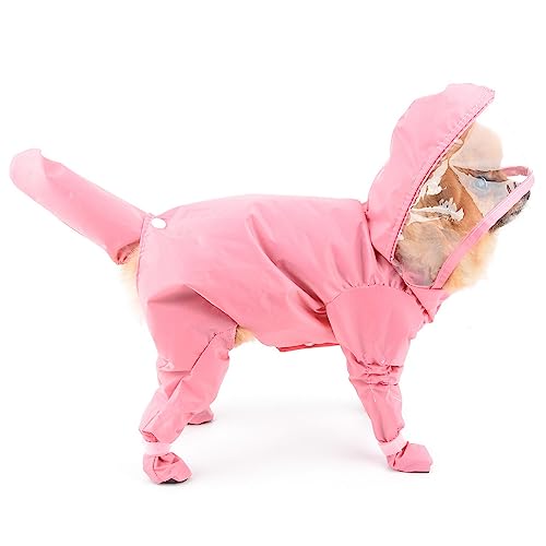 PAIDEFUL Small Dog Full Body Coverage Raincoat Solid Four-Leg Onesie Rain Jacket Waterproof Hoodie Puppy Clothes Button Lightweight Cats Costume, Pink, S - color: pink, size: S: Chest: 13.8", Back: 10.6"