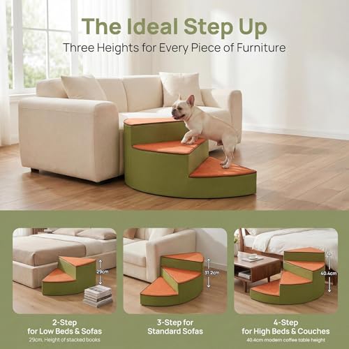 Curved Dog Stairs for Small Dogs & Cats – Pet Steps with Non-Slip Textured Surface, Removable Washable Cover & High-Density Foam(Brown,2-Step) - color: Brown, size: 2-Step