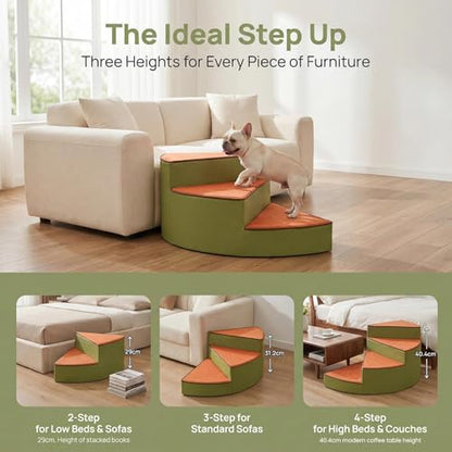 Curved Dog Stairs for Small Dogs & Cats – Pet Steps with Non-Slip Textured Surface, Removable Washable Cover & High-Density Foam(Brown,2-Step) - color: Brown, size: 2-Step