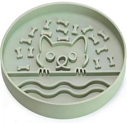 Slow Feeder Dog Bowl for Small Medium Dogs & Cats, 7.5 Inch Non Slip Slow Bowl with 37 Suction Cups, Anti-Choking Food Grade Silicone Slow Eating Bowl - color: Grey Green