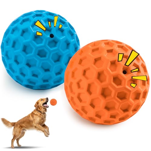 HIPPIH Indestructible Squeaky Dog Toys, Interactive Dog Balls 2 Pack, Chew Toys for Aggressive Chewers, Natural Rubber Puppy Toy for Large/Medium Dogs, Tough Puppy Teething Toy, Relieve Anxiety - color: Blue+Orange, size: 3.15inch+3.15inch