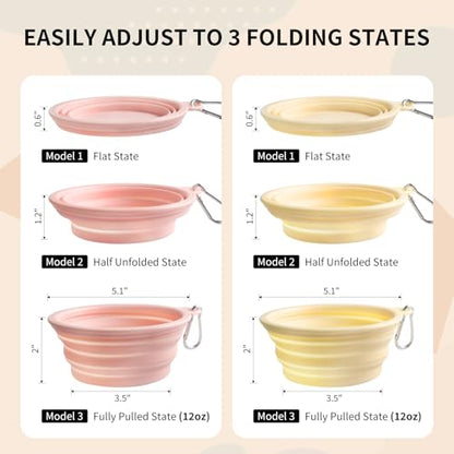 Collapsible Dog Bowls 2-Pack, Portable Travel Dog Bowl with Carabiner, Food-Grade Silicone Pet Bowl for Hiking, Walking (Macaron Pink and Yellow) - color: 12 OZ Macaron Pink and Yellow