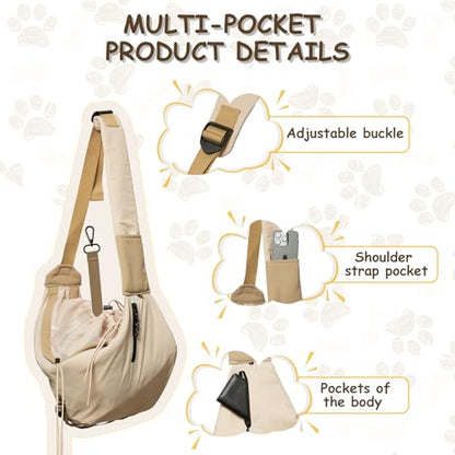 Dog Carrier Sling for Small Dogs/Cats Up to 15 lbs - Multi-Pocket Oxford Pet Sling Carrier Bag with Adjustable Strap (Beige) - color: Beige