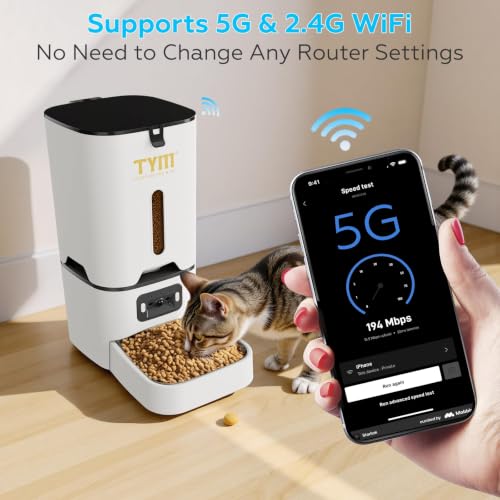 Automatic Cat Feeder with Camera, 5G WiFi Food Dispenser for Small Pets | Two-way Voice | Night Vision | Separation Anxiety | Weight / Diet Control | Programmable Timer | APP Remote Control - color: White-1c