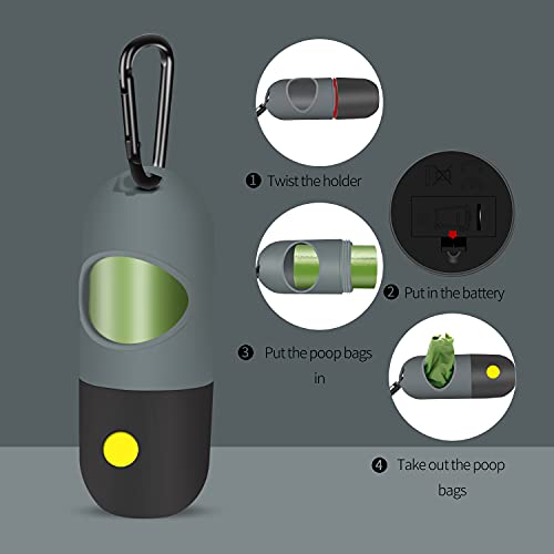 2 Pack Dog Poop Bag Dispenser with Built-in LED Flashlight, Pet Waste Bag Holder for Leash with Carabiner Clip for Lead Leash, 2 Rolls Leak-proof Doggy Waste Bags for Dog Walking, Grey - color: Grey