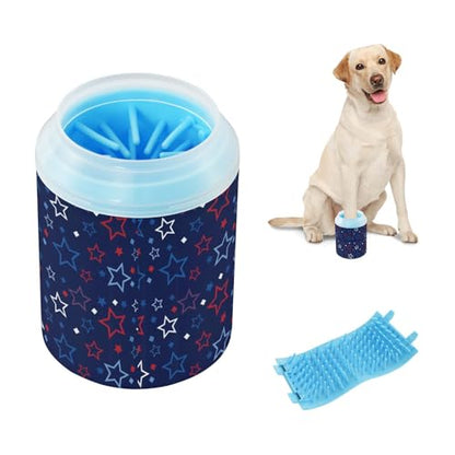 Stars Dots Blue Pattern Dog Paw Cleaner Cup with Soft Silicone Brush, Small Lightweight Portable Muddy Paw Washer for Dogs, Easy to Use Pet Foot Cleaner