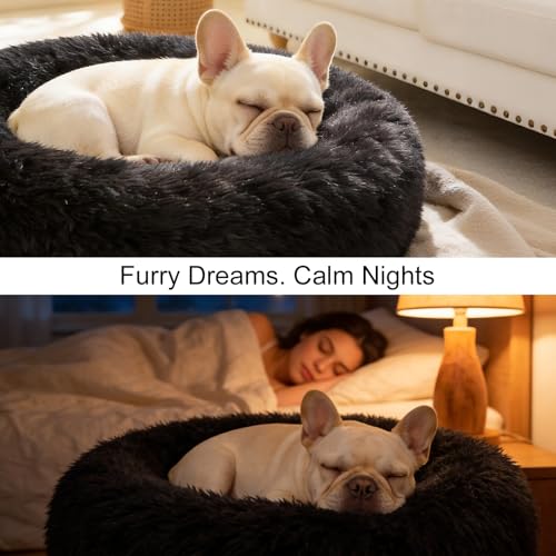 Dog Calming Beds for Small Medium Large Dogs - Round Donut Washable Puppy Dog Bed, Anti-Slip Faux Fur Fluffy Donut Cuddle Anxiety Cat Pet Bed(24'' Black) - color: Black, size: 24"L x 24"W x 8"Th