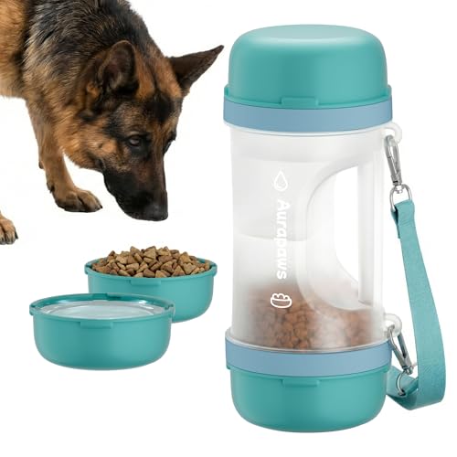 Dog Water Bottle 33.5 Oz with Food Container & 2 Detachable Bowls, BPA-Free - Portable Travel Water Bowl with Shoulder Strap, Leak-Proof Pet Dispenser for Large Dogs Walking, Hiking, Beach