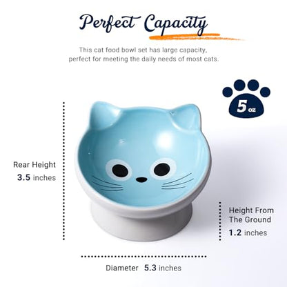 Raised Ceramic Cat Food Bowl - 15 Tilted, Spine Protection, Anti-Vomiting, Backflow Prevention for Adult Cats, Kittens, and Small Dogs (Blue Face) - color: blue white