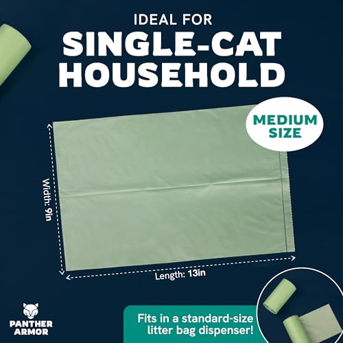 Panther Armor Compostable Cat Litter Bags for Poop - 100x Unscented Pet Waste, 13x9in Leak Proof Kitty Litter Disposal - Odor Proof, Easy Open Dispenser Box of Cat Poop - size: 1 Count (Pack of 100), style: Medium